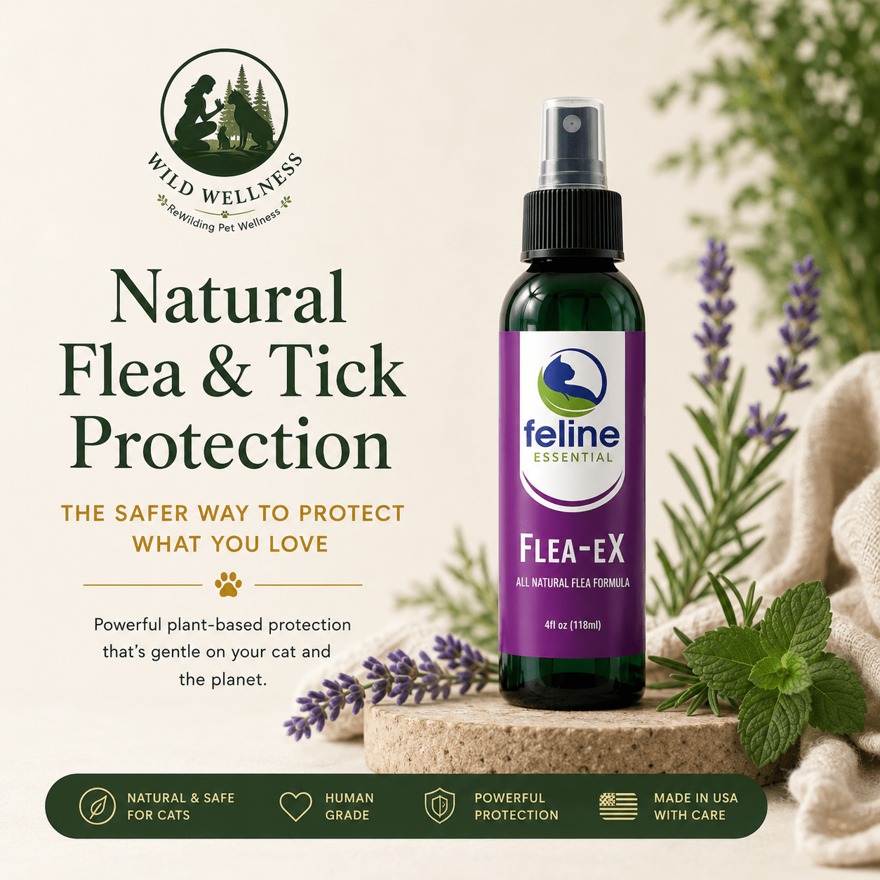 Flea-eX Natural Flea & Tick Spray for Cats (& Dogs) - Wild Wellness Pet