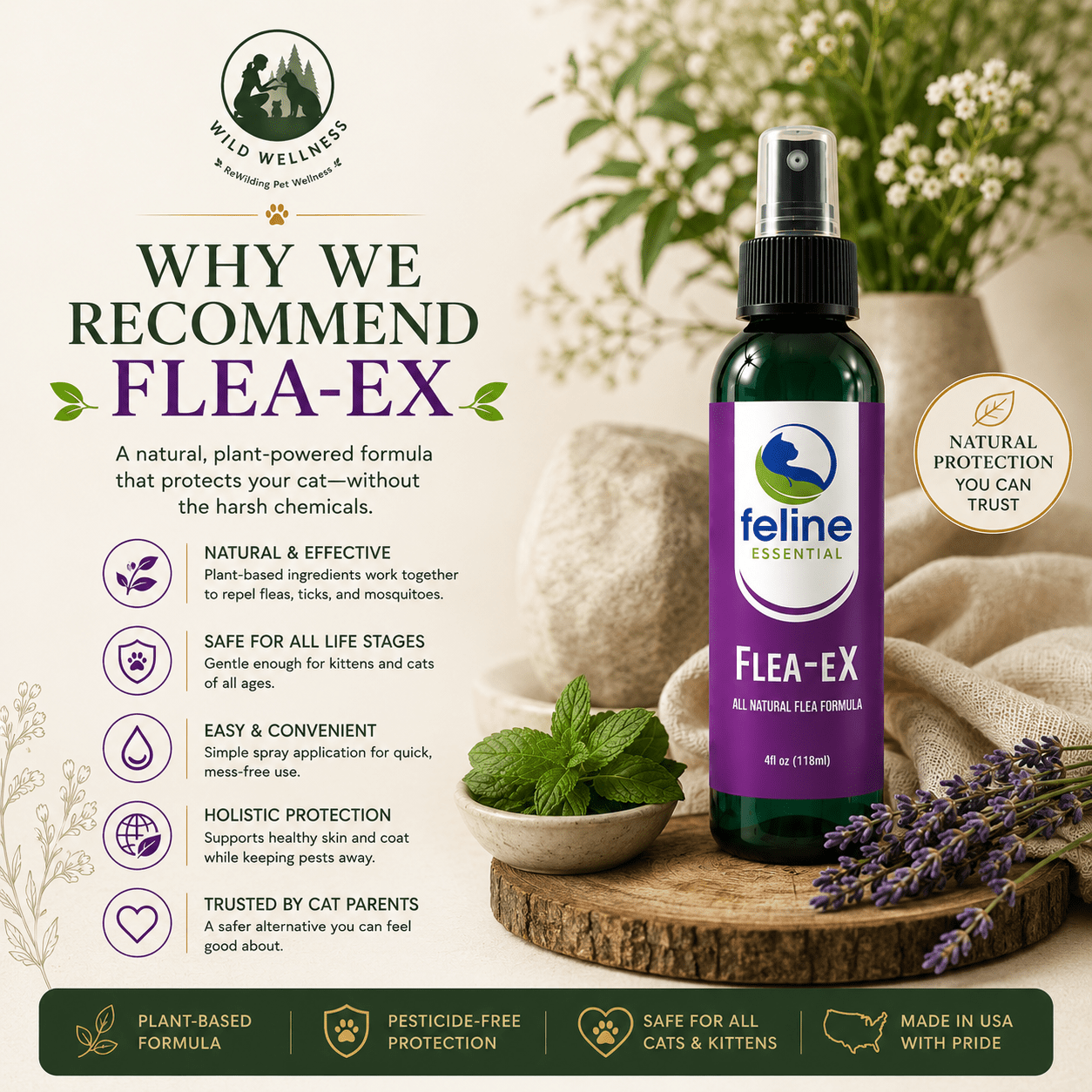 Flea-eX Natural Flea & Tick Spray for Cats (& Dogs) - Wild Wellness Pet